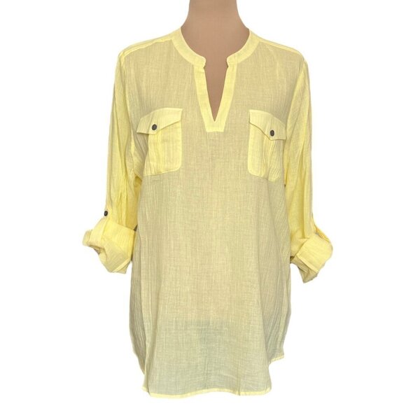 NWT 100% Cotton Tunic Top  Sz.L Pastel Yellow Crinkle V-Neck Minimalist Cottage - Picture 3 of 12
